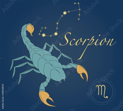Zodiac sign Scorpion horoscope symbol in vector. Mystical astrology elements. Green scorpion with gold sting and claws. Constellation Scorpio. Illustration for calendar, cards, banners and other.