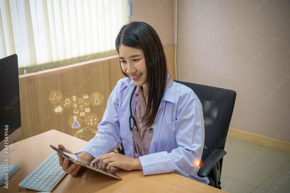 Doctor using digital tablet with digital system for patient at hospital. Medical network technology concept.
Doctor using digital tablet with digital system for patient at hospital. Medical network technology concept.