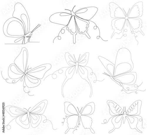 set of butterfly continuous line drawing, sketch,vector