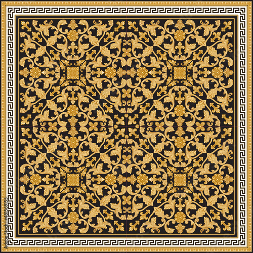 Baroque scrolls rosette, golden Greek key pattern, meander border frieze, carved frame on a black background. Scarf, bandana print, neckerchief, pocket handkerchief, carpet 