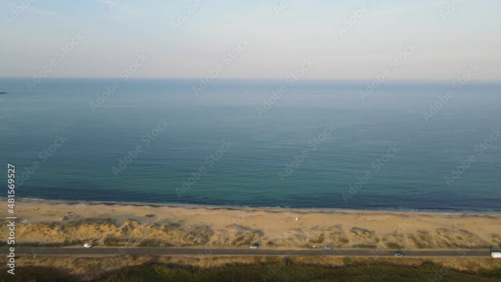 Aerial Sunset view of The Driver Beach near resort of Dyuni, Burgas Region, Bulgaria 