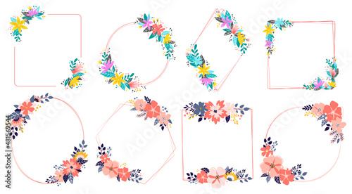 set of 8 floral womanlike frames isolated on white background with copy space. Good for greeting cards, posters, prints, invitations, rsvp, wedding and holidays decor, etc. EPS 10