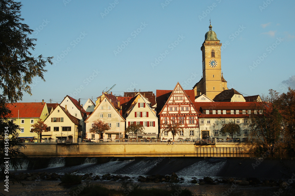 The view of the Neckar river embankment in Nuertingen, Germany The view of the Neckar river embankment in Nuertingen, Germany