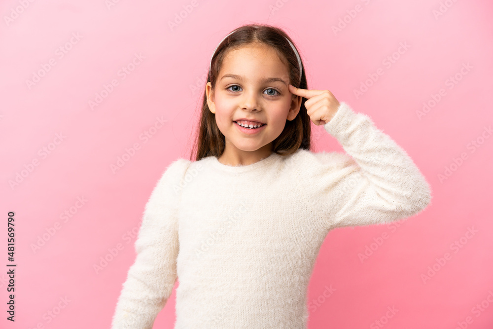 Little caucasian girl isolated on pink background intending to realizes the solution Little caucasian girl isolated on pink background intending to realizes the solution