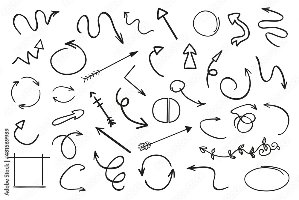 Linear shapes on white. Chaos abstract patterns. Scribble sketches. Tangled arrows. Backgrounds with array of lines. Black and white illustration. Doodles for design and business