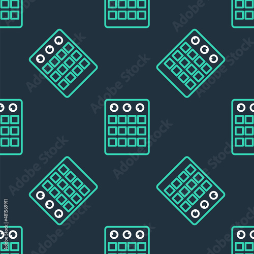 Line Drum machine icon isolated seamless pattern on black background. Musical equipment. Vector