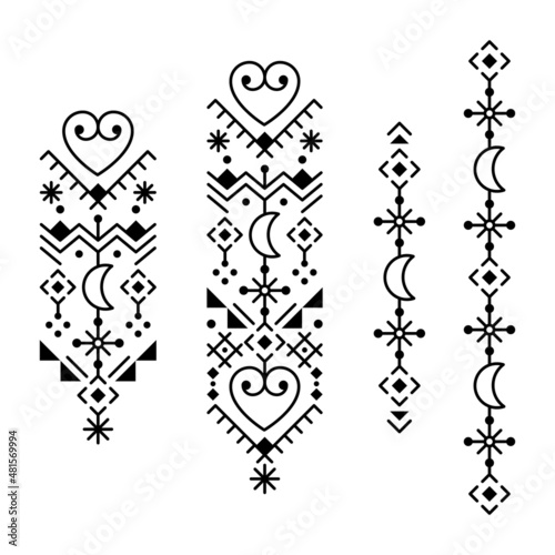 Minimalist tribal or neotribal line art vector long vertical patterns collection with moons and hearts, geometric ornamental design set inspired by old Nordic Viking rune art
