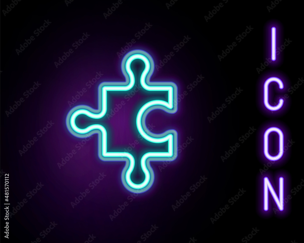 Obraz premium Glowing neon line Piece of puzzle icon isolated on black background. Business, marketing, finance, layout, infographics, internet concept. Colorful outline concept. Vector