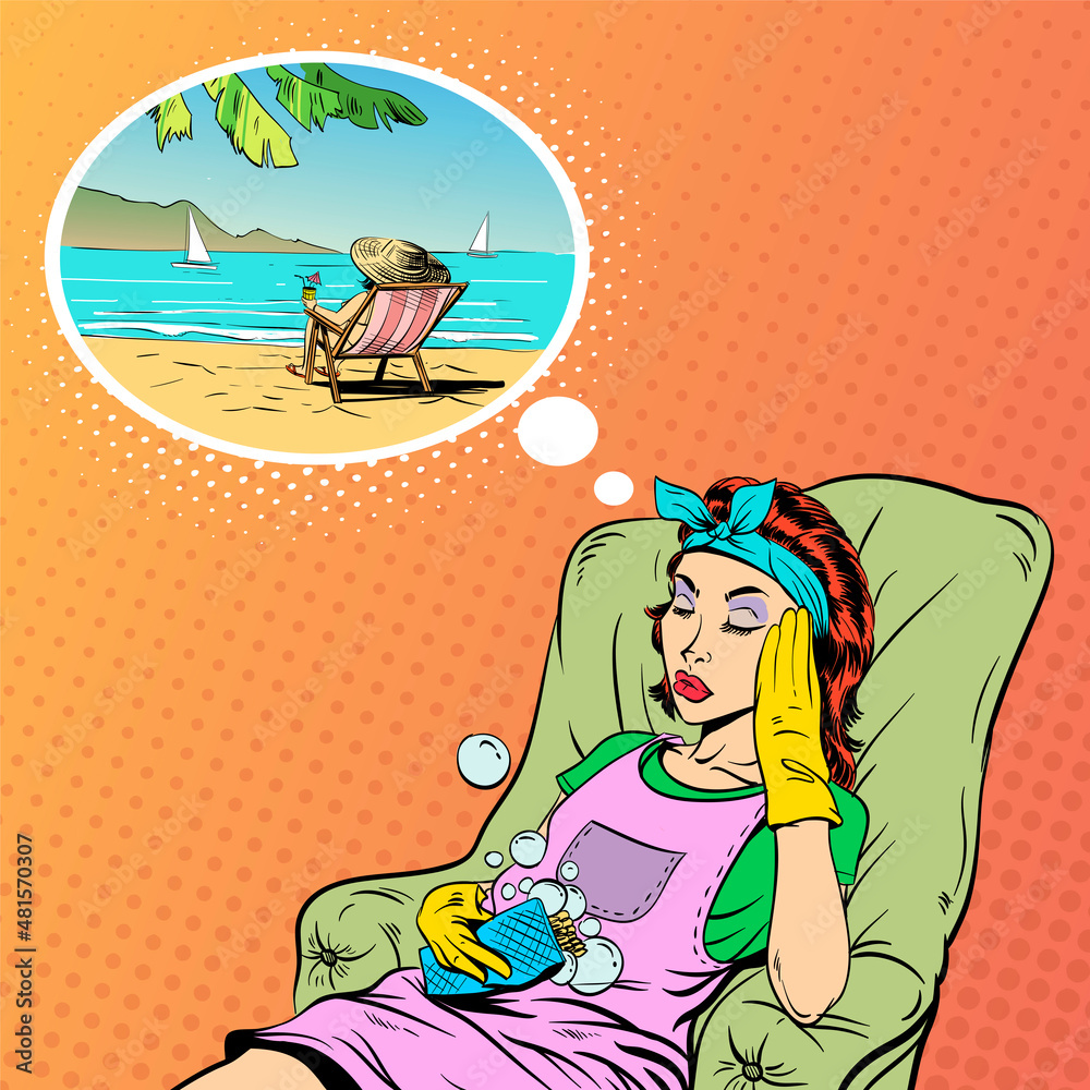 Housewife dreams of a vacation. Pop art comics retro design vector illustration.