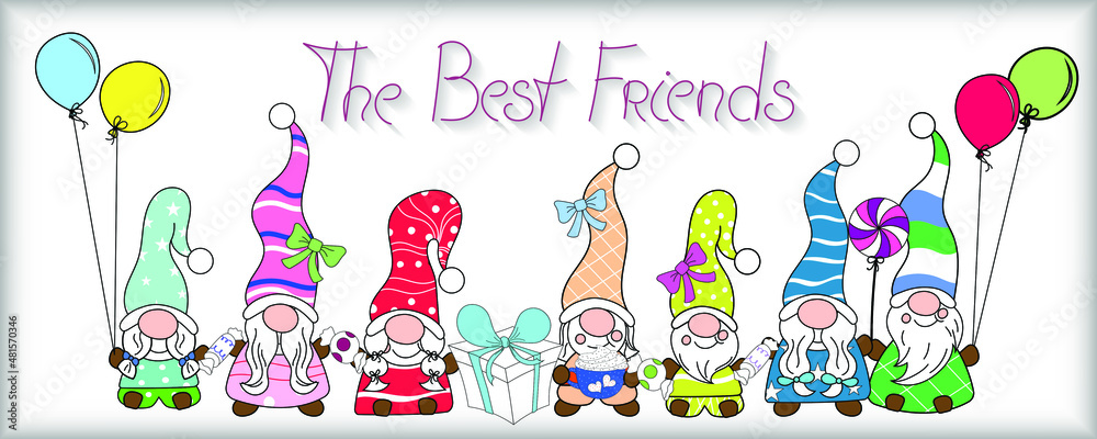 Fototapeta premium Hand drawn gnomes and lettering best friends. Background, banner, poster, invitation, greeting card, wallpaper, print for International Friendship Day. Vector illustration.