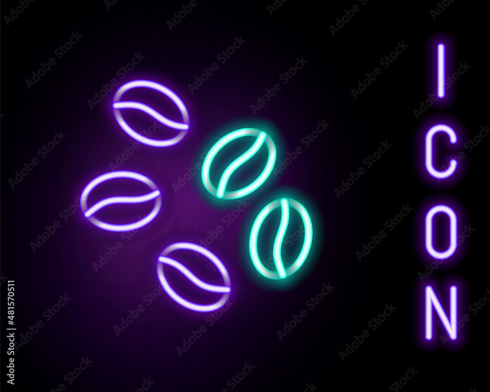 Glowing neon line Coffee beans icon isolated on black background. Colorful outline concept. Vector Glowing neon line Coffee beans icon isolated on black background. Colorful outline concept. Vector