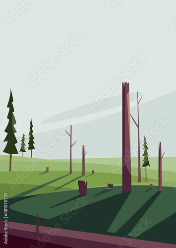 Scenery with felled trees. Dead nature landscape in portrait format.