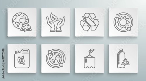 Set line Bio fuel canister, Sprout in hand of environmental protection, Planet earth recycling, bottle, Recycling plastic, Solar energy panel and icon. Vector