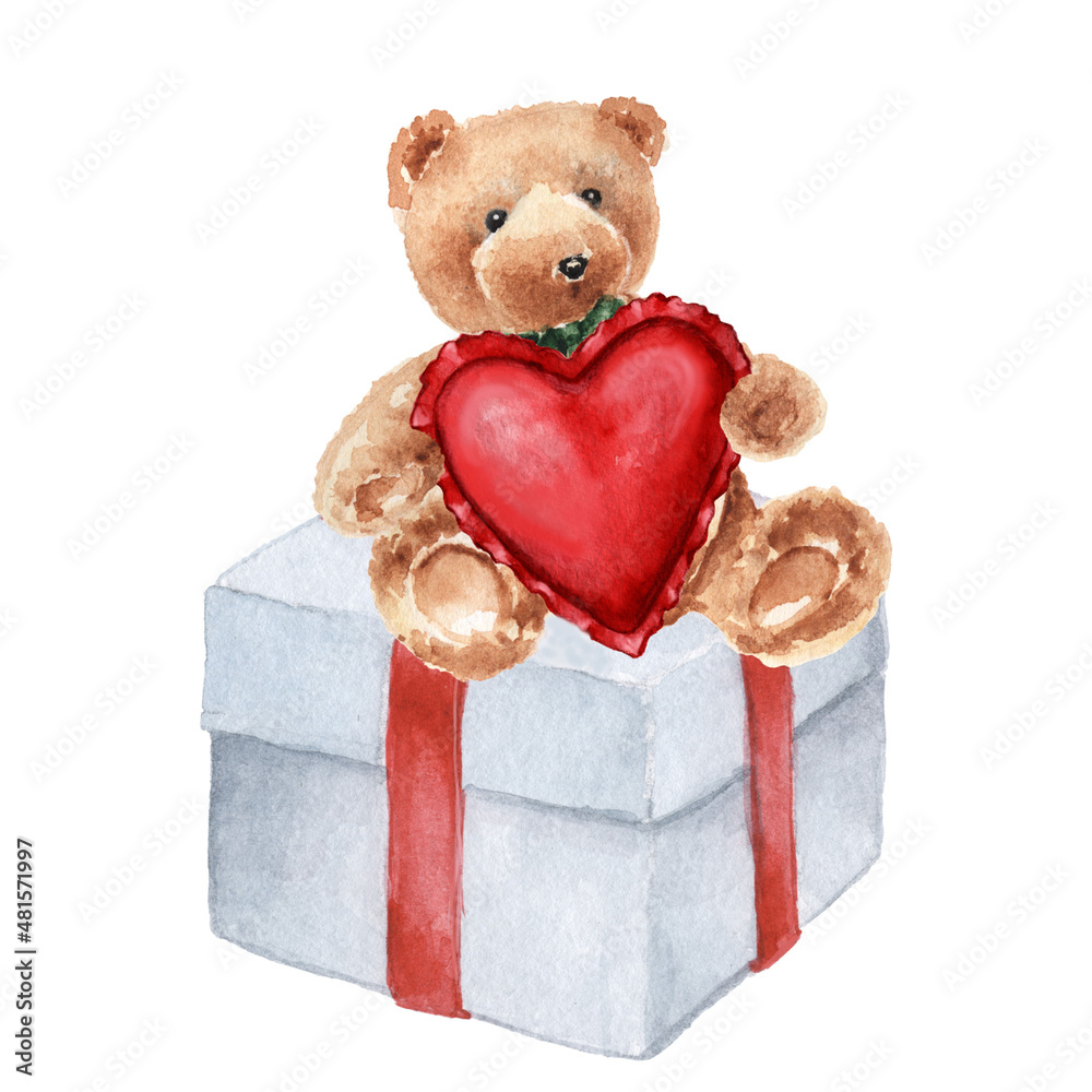 Watercolor Cute Teddy Bear with Heart on Gift Box isolated on white  Stock-Illustration | Adobe Stock
