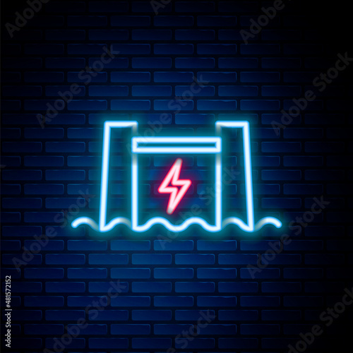 Glowing neon line Hydroelectric dam icon isolated on brick wall background. Water energy plant. Hydropower. Hydroelectricity. Colorful outline concept. Vector
