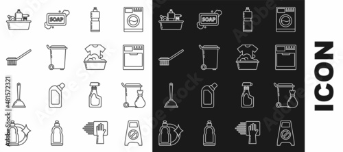Set line Wet floor and cleaning in progress, Trash can, Washer, Plastic bottles for liquid dishwashing liquid, Toilet brush, and basin with soap suds icon. Vector