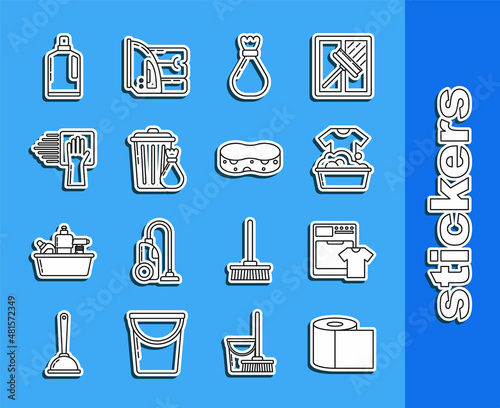 Set line Toilet paper roll, Washer and t-shirt, Plastic basin with soap suds, Garbage bag, Trash can garbage, Cleaning service, bottles for liquid dishwashing liquid and Sponge icon. Vector