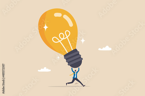 Big idea, creativity and innovation to change or invent new product, solution to solve problem, discover new idea concept, excited businessman carrying big lightbulb idea running to invent new product