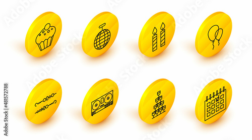Set line Detailed calendar, DJ remote for playing and mixing music, Grilled shish kebab, Balloons with ribbon, Birthday cake candles, Disco ball and Muffin icon. Vector