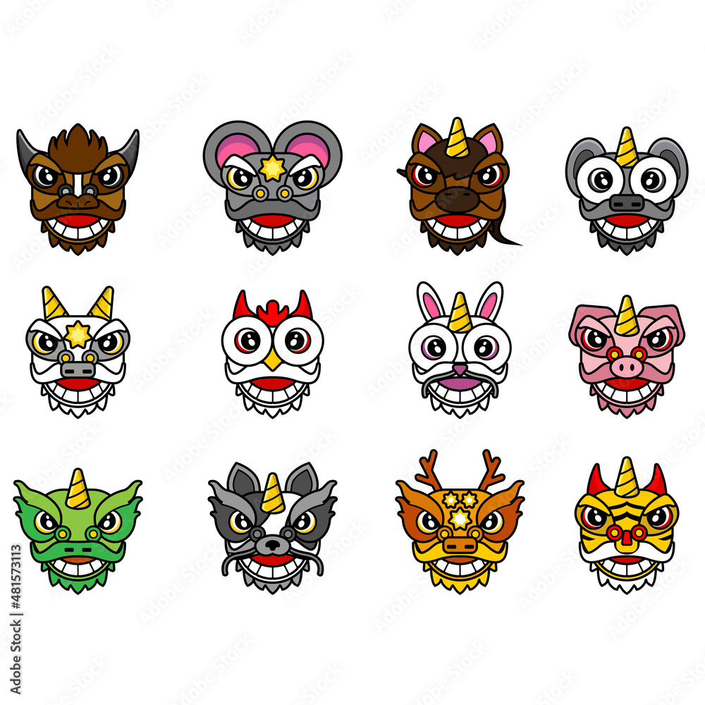 Fototapeta premium Chinese zodiac animal cartoon character vector with lion dance head set bundle