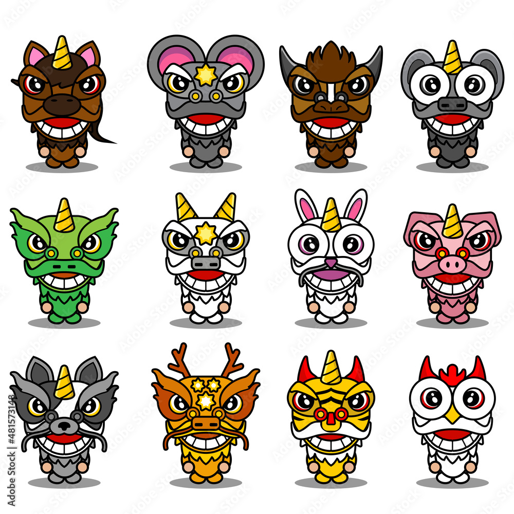 Fototapeta premium Chinese zodiac animal mascot character cartoon vector with lion dance head set bundle