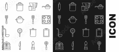 Set line Spatula, Cutting board, Gas stove, Measuring cup, Cooking pot, Fork, Rolling pin and icon. Vector