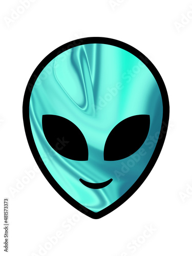 Alien head. Psychedelic glossy holographic alien head on white background illustration. Extraterrestrial alien face or head symbol art illustration icon for apps, fashion, sticker, poster.