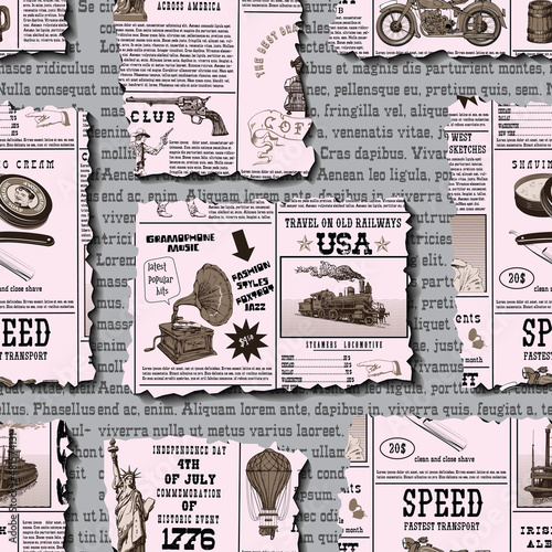 vector image of a seamless texture for fabric and paper, vintage newspaper clippings, text Lorem ipsum