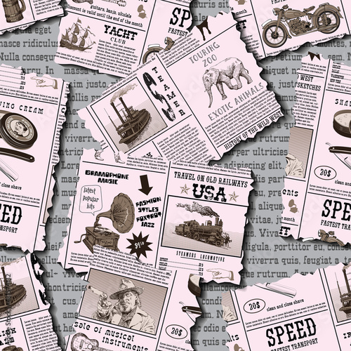 vector image of a seamless texture for fabric and paper, vintage newspaper clippings, text Lorem ipsum