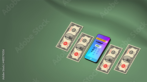 One million dollar paper banknotes and a 3d mobile smartphone with a payment system on the screen. Wavy dark green background. Template finance poster