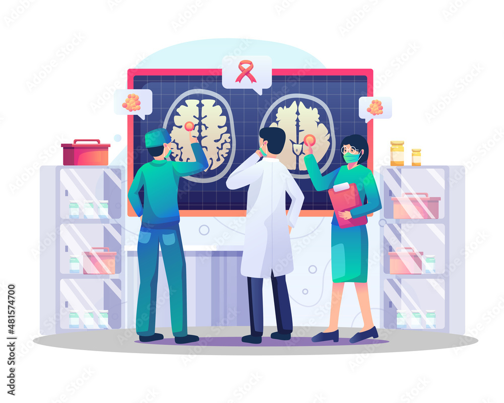 Doctors are analyzing the brain for tumors or problems in the laboratory with the red ribbon cancer awareness, an icon symbol of the fight against cancer. Flat style vector illustration Doctors are analyzing the brain for tumors or problems in the laboratory with the red ribbon cancer awareness, an icon symbol of the fight against cancer. Flat style vector illustration