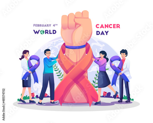 People and doctors are united against cancer with a giant raised hand with a clenched fist and red ribbon on wrist symbol of world cancer awareness on flat style vector illustration