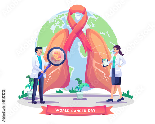 Doctors are doing an internal organ lungs inspection for illness, disease, or problems. Lungs healthcare persons on world cancer day. Flat style vector illustration
