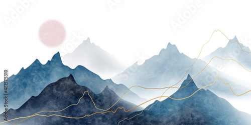 Vector illustration of Chinese ink landscape painting on antique paper with elegant golden lines in modern design.
