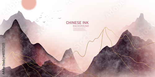 Vector illustration of Chinese ink landscape painting on antique paper with elegant golden lines in modern design.
