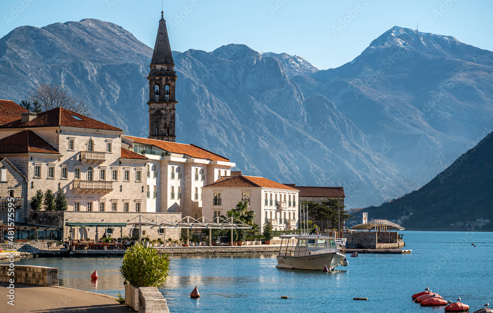 Historic city of Perast at Bay of Kotor in summer, Montenegro. Beautiful view of Perast town in Kotor bay, Montenegro. Famous travel destination.