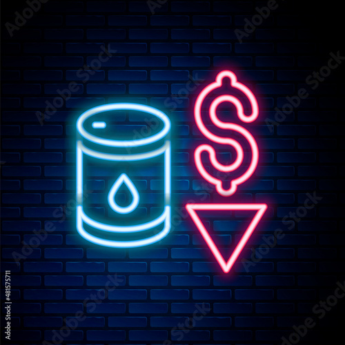 Glowing neon line Drop in crude oil price icon isolated on brick wall background. Oil industry crisis concept. Colorful outline concept. Vector