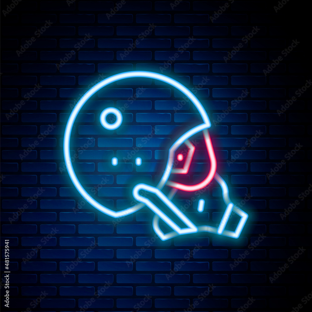 Glowing neon line Modern pilot helmet icon isolated on brick wall background. Colorful outline concept. Vector Glowing neon line Modern pilot helmet icon isolated on brick wall background. Colorful outline concept. Vector