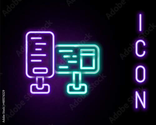 Glowing neon line Computer monitor screen icon isolated on black background. Electronic device. Front view. Colorful outline concept. Vector © vector_v