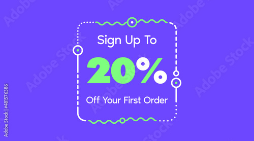 Sign up to 20% off your first order. Sale promotion poster vector illustration. Big sale and super sale coupon code percent discount gift voucher in very peri color