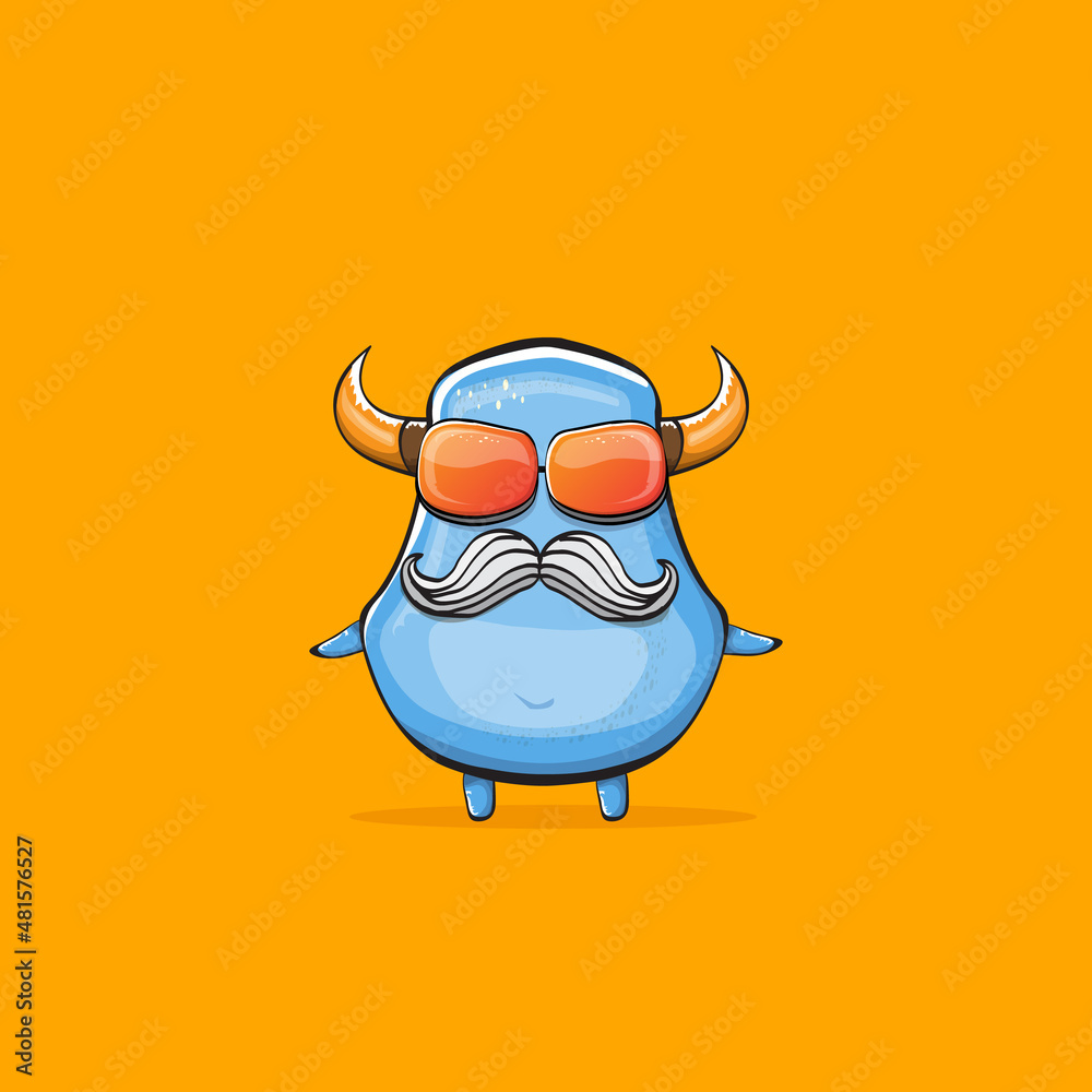 Naklejka premium Vector cartoon funny blue monster with horn and sunglasses isolated on orange background. Smiling silly blue monster print sticker design template. Ghost, troll, gremlin, goblin, devil and monster