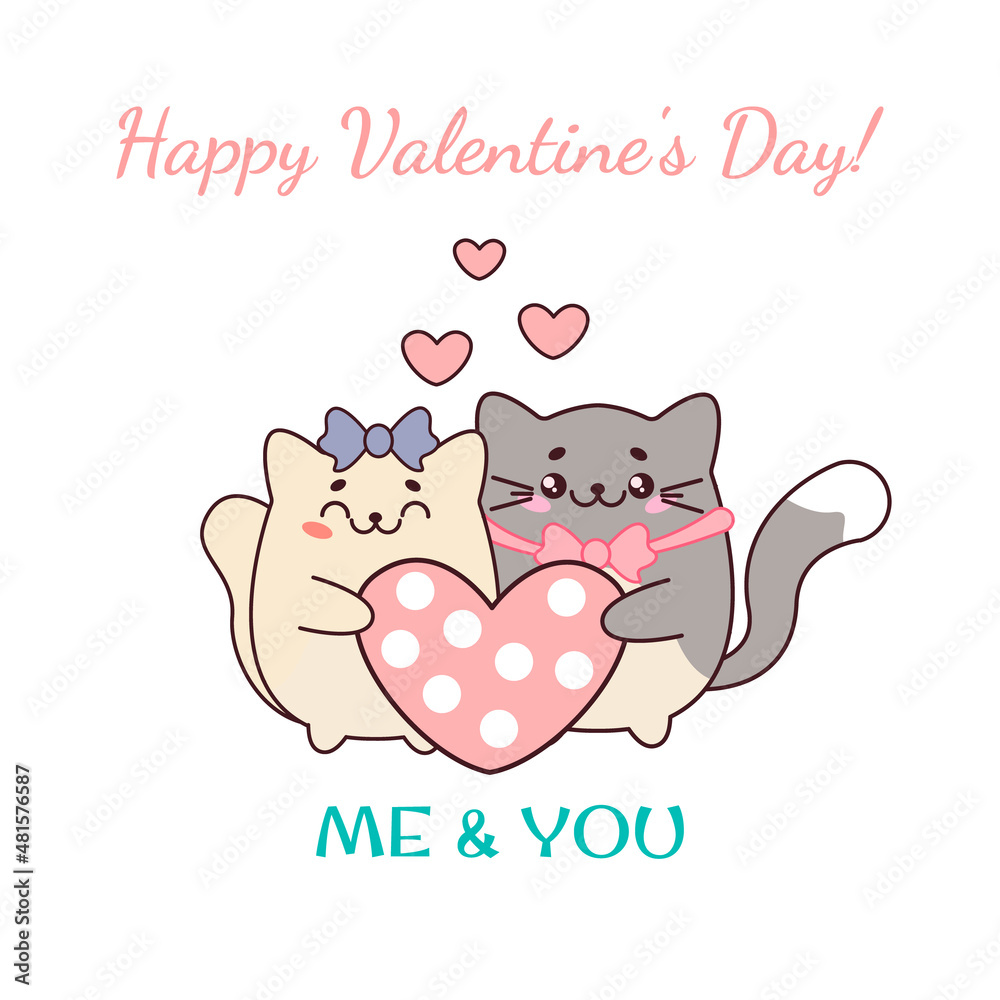 Cute couple of loving cats in the style of kawaii. Vector illustration of cat hugs. Valentine's Day greeting card design. You and me Cute couple of loving cats in the style of kawaii. Vector illustration of cat hugs. Valentine's Day greeting card design. You and me