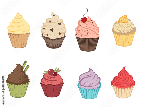 Set of sweet cupcakes. Collection of creamy muffins with decoration. Delicous food. Confectionery. Vector illustration of sweet baking on white background. 