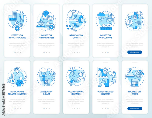Climate change blue onboarding mobile app screen set. Global warming walkthrough 5 steps graphic instructions pages with linear concepts. UI, UX, GUI template. Myriad Pro-Bold, Regular fonts used