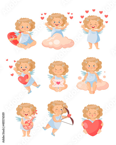 Cute cupid girls in different poses  little angels or cupids. Adorable children with wings. Angelic creatures isolated on a white background. Collection of romantic vector characters