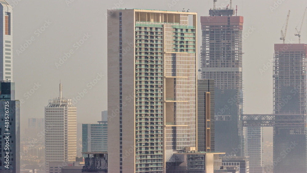 Aerial view of Dubai International Financial Centre district timelapse