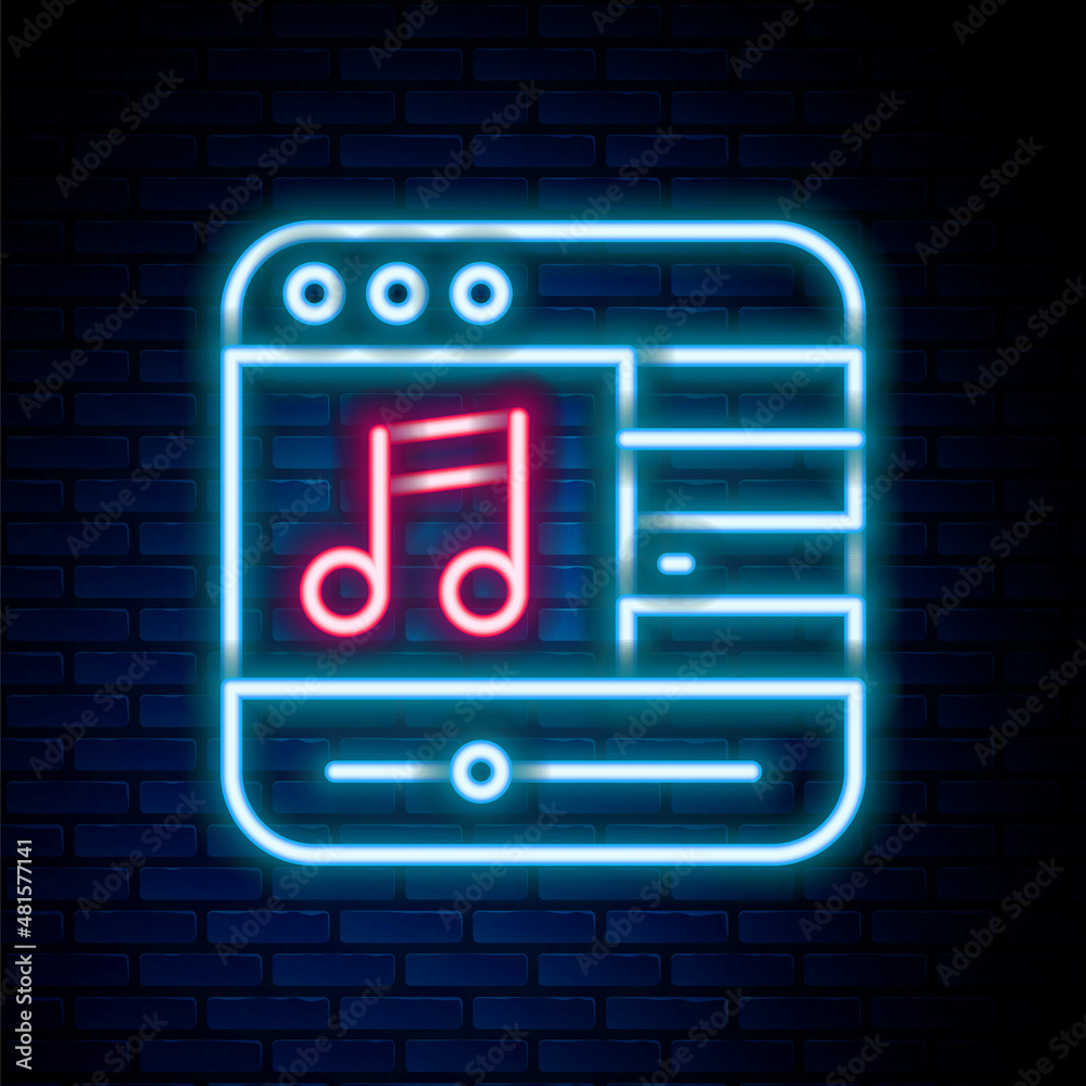 Glowing neon line Music player icon isolated on brick wall background. Portable music device. Colorful outline concept. Vector