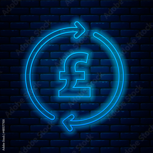 Glowing neon line Coin money with pound sterling symbol icon isolated on brick wall background. Banking currency sign. Cash symbol. Vector