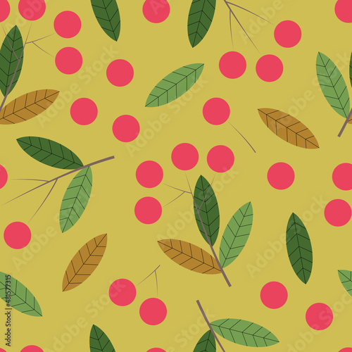Cherries with leaves on a green background. Seamless pattern for modern textiles, wrapping paper and paper products. 