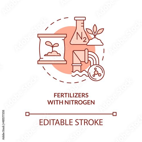 Fertilizers with nitrogen red concept icon. Reasons for climate change abstract idea thin line illustration. Isolated outline drawing. Editable stroke. Roboto-Medium, Myriad Pro-Bold fonts used